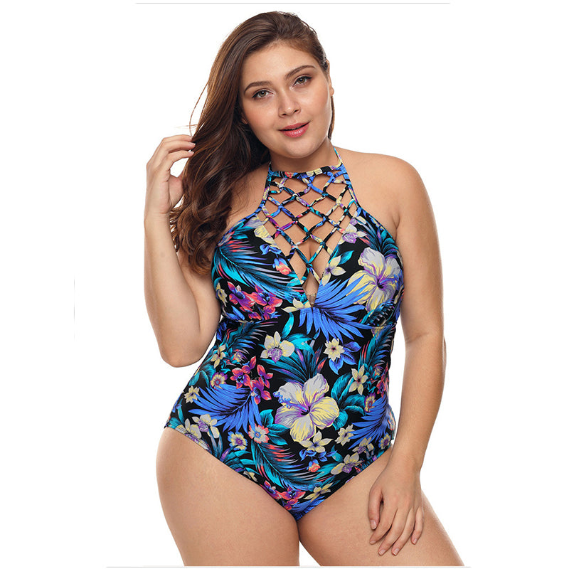 Plus Size One Piece Swimsuits Floral Tummy Control Swimwear Halter