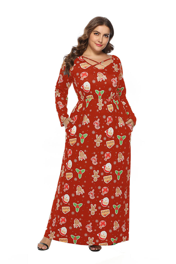New Plus Size Women Multicolor Christmas Print Long Sleeve Dress