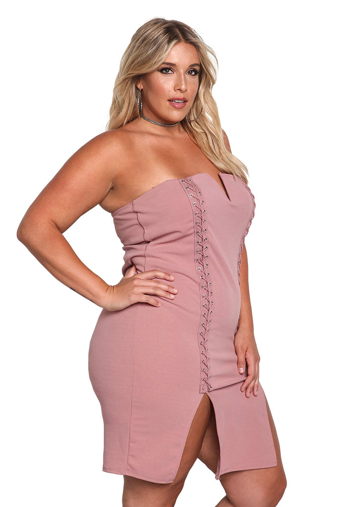 Women Plus Size Pink Patchwork Strapless Bandage Skirt Sexy Slim Dress