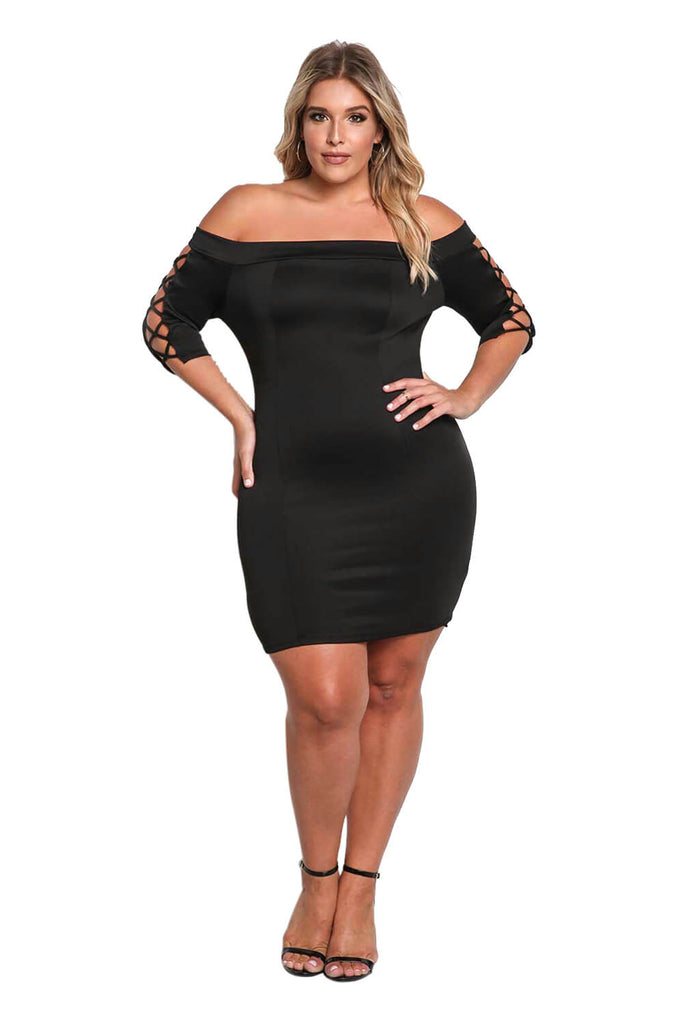 Women Plus Size Sexy One Word Collar Reticular Hollowing Out Sleeve Solid Dress
