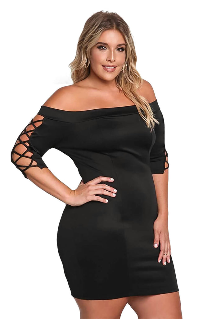Women Plus Size Sexy One Word Collar Reticular Hollowing Out Sleeve Solid Dress