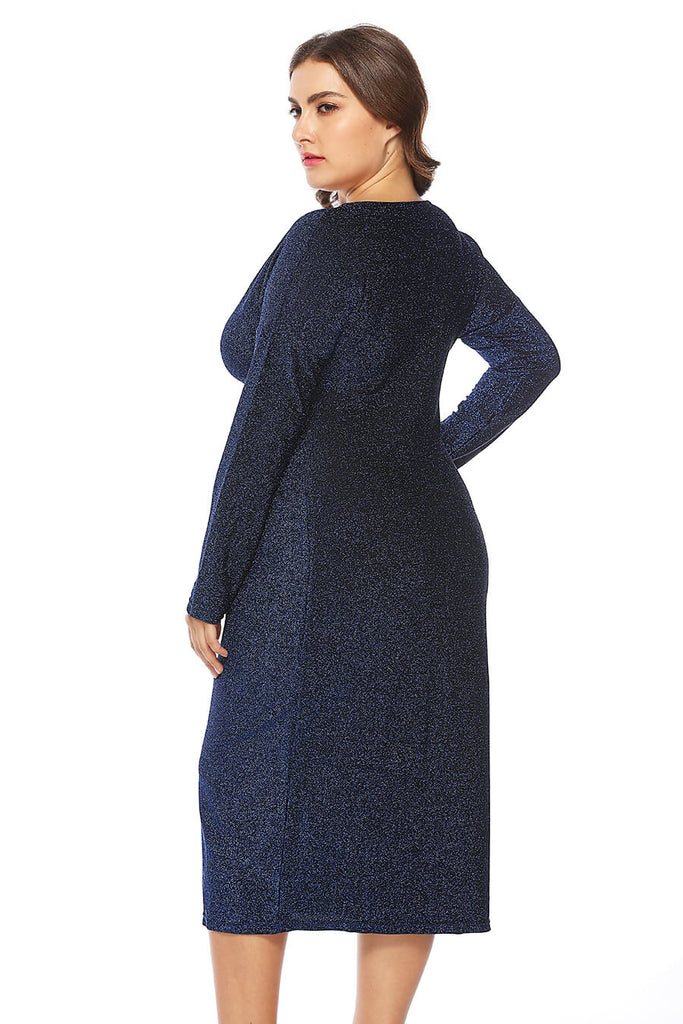 Plus Size Women Casual Solid Color Long Sleeve V-Collar Bifurcation Dress