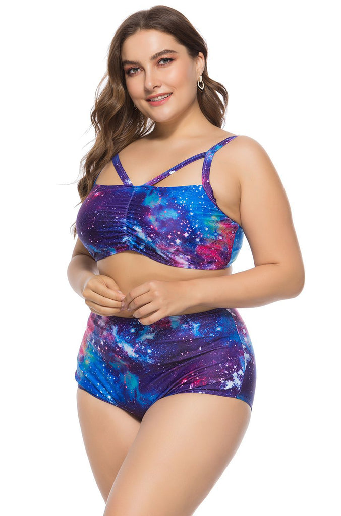 Women Plus Size Sexy Two Pieces High Waisted Galaxy Print Bikini Suspender Swimsuit