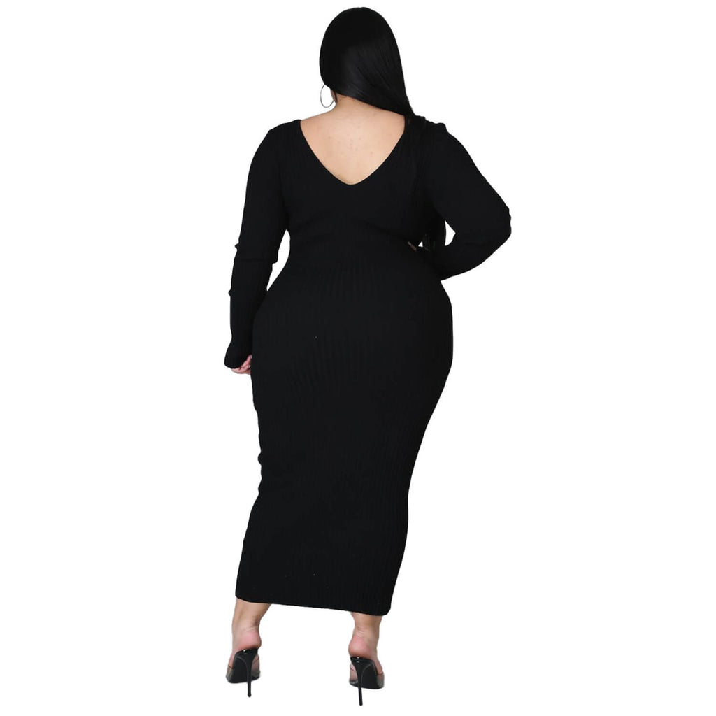 Women Plus Size Solid Color Long Sleeve Rib Pit Stripe Knitted Cotton Dress
