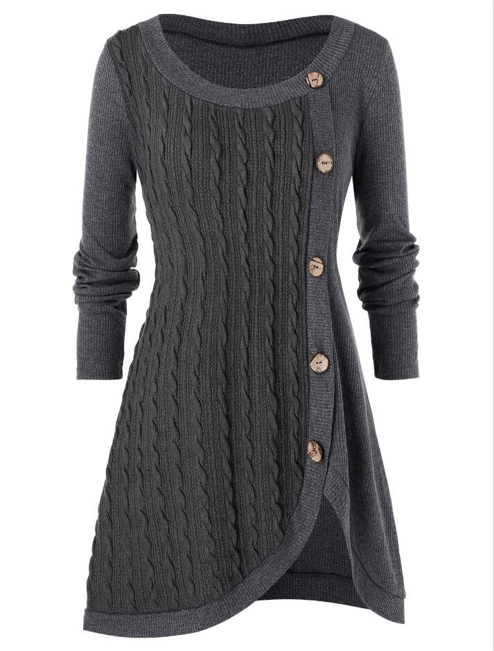 Warm Plus Size Split Buttoned Cable Knit Sweater