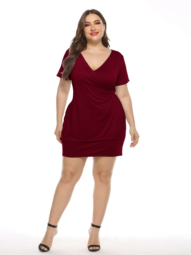 New Plus Size Women's V-Neck Solid Slim Short Sleeve Dress