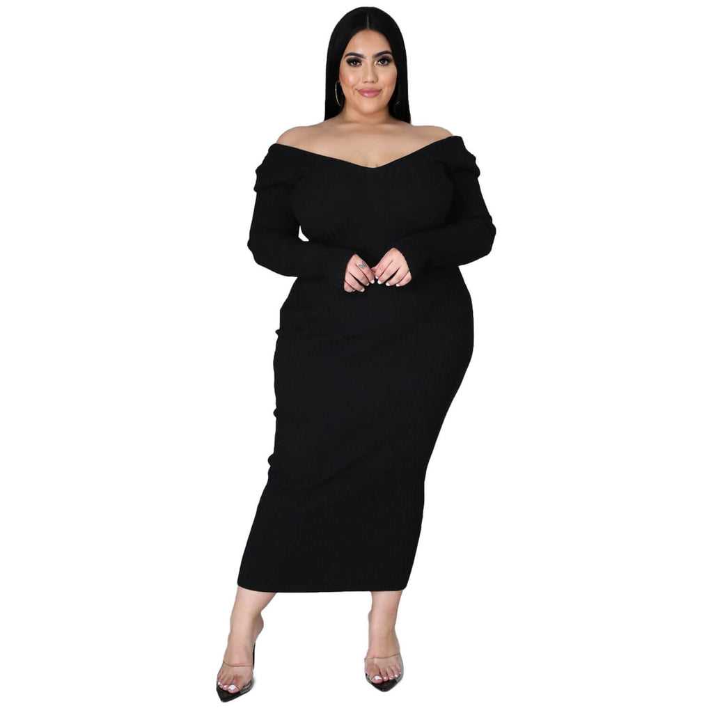 Women Plus Size Solid Color Long Sleeve Rib Pit Stripe Knitted Cotton Dress