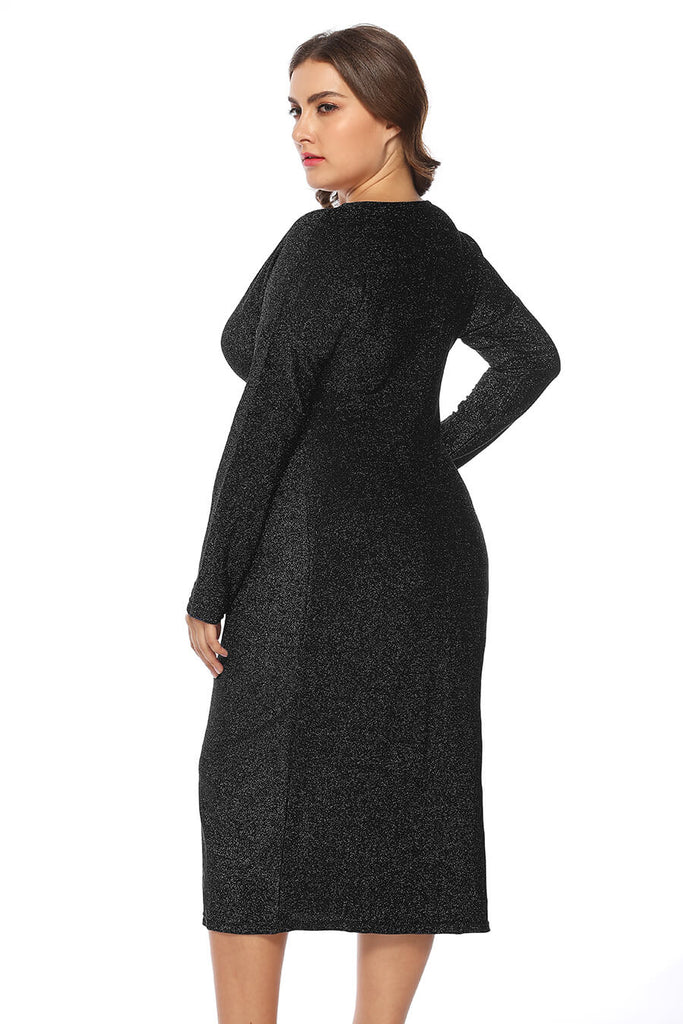 Plus Size Women Casual Solid Color Long Sleeve V-Collar Bifurcation Dress