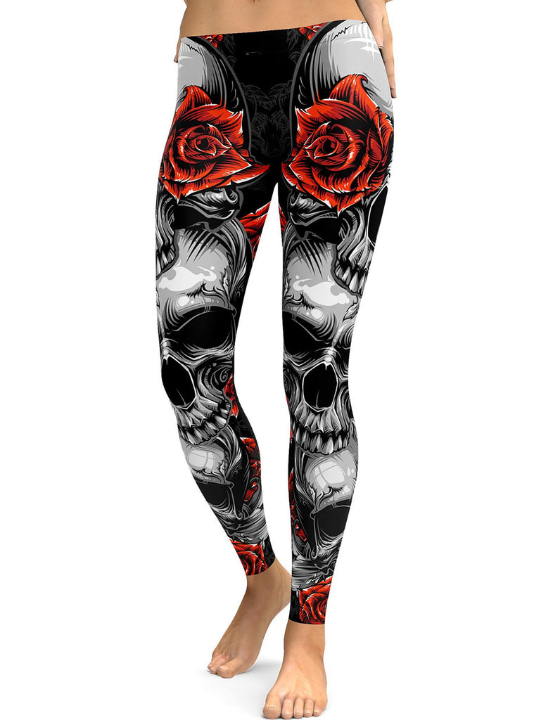 Red Rose Printed Halloween Skeleton Plus Size Sugar Skull Leggings