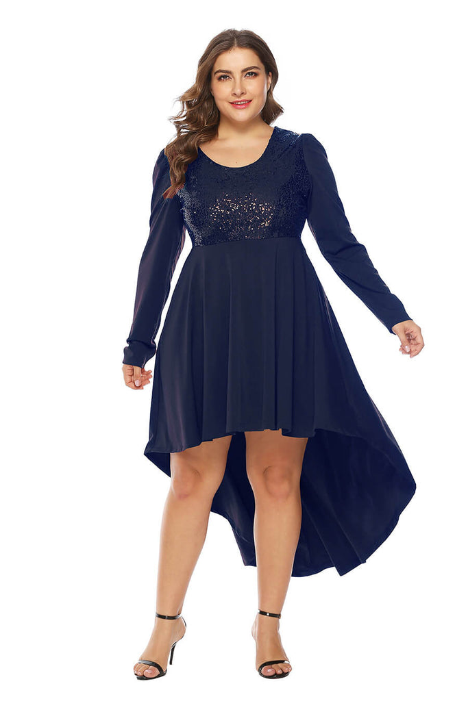 Plus Size Women Solid Color Sequins Crew Neck Sexy Long Sleeves Dress