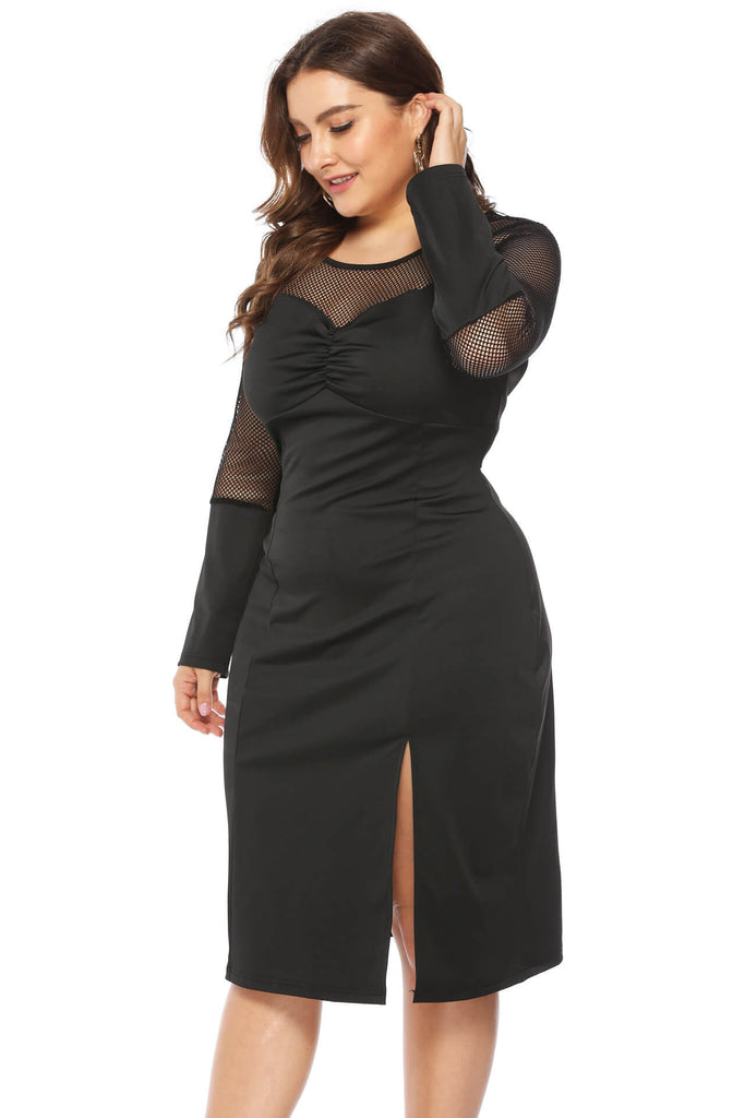 Women Plus Size Sexy Solid Long Sleeve Dress Mesh Perspective Slit Dress