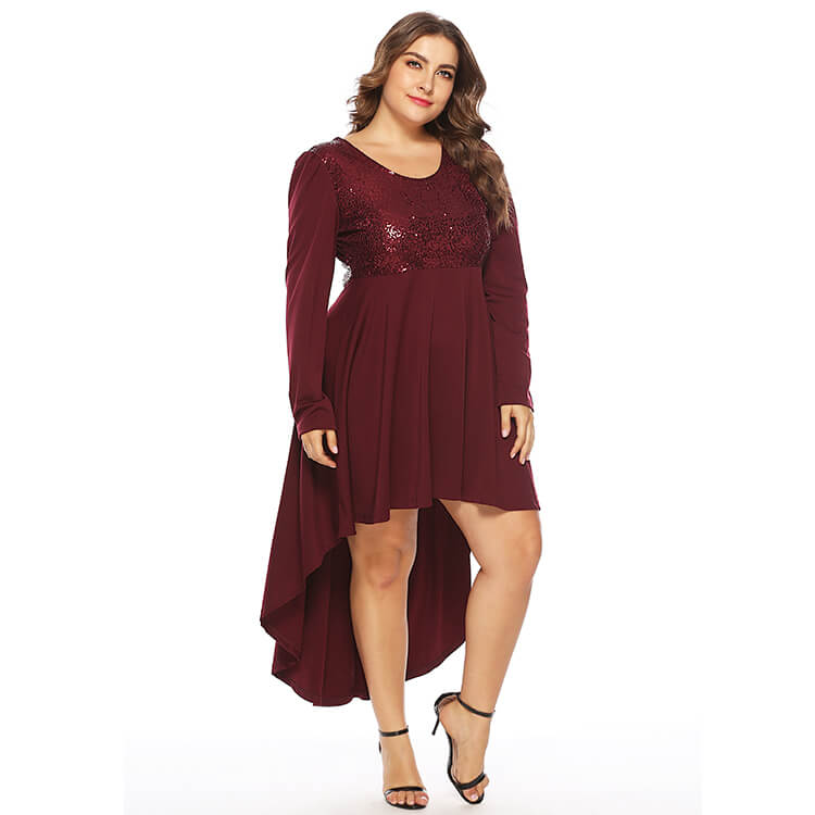 Plus Size Women Solid Color Sequins Crew Neck Sexy Long Sleeves Dress