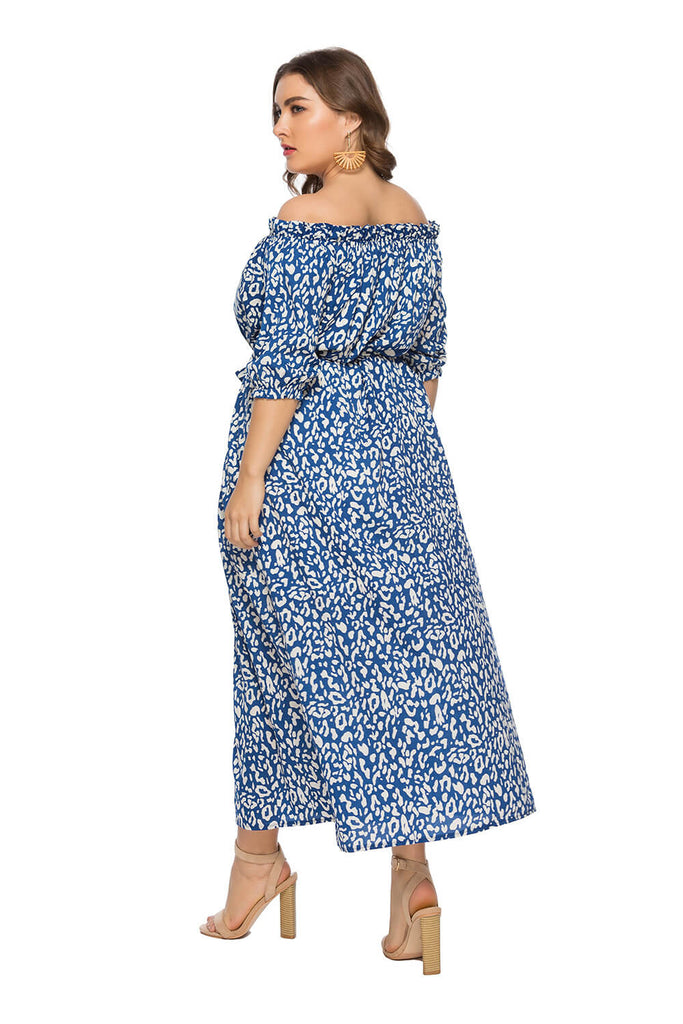 Plus Size Women's Clothing Summer New One-Line Collar Leopard Print Split Dress Beach Vacation Casual Dress