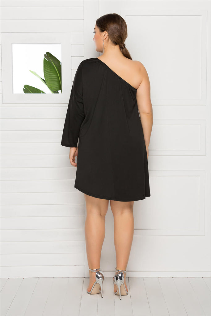 Women Plus Size Black Sexy Diagonal Shoulder Collarless Loose Long Sleeve Dress