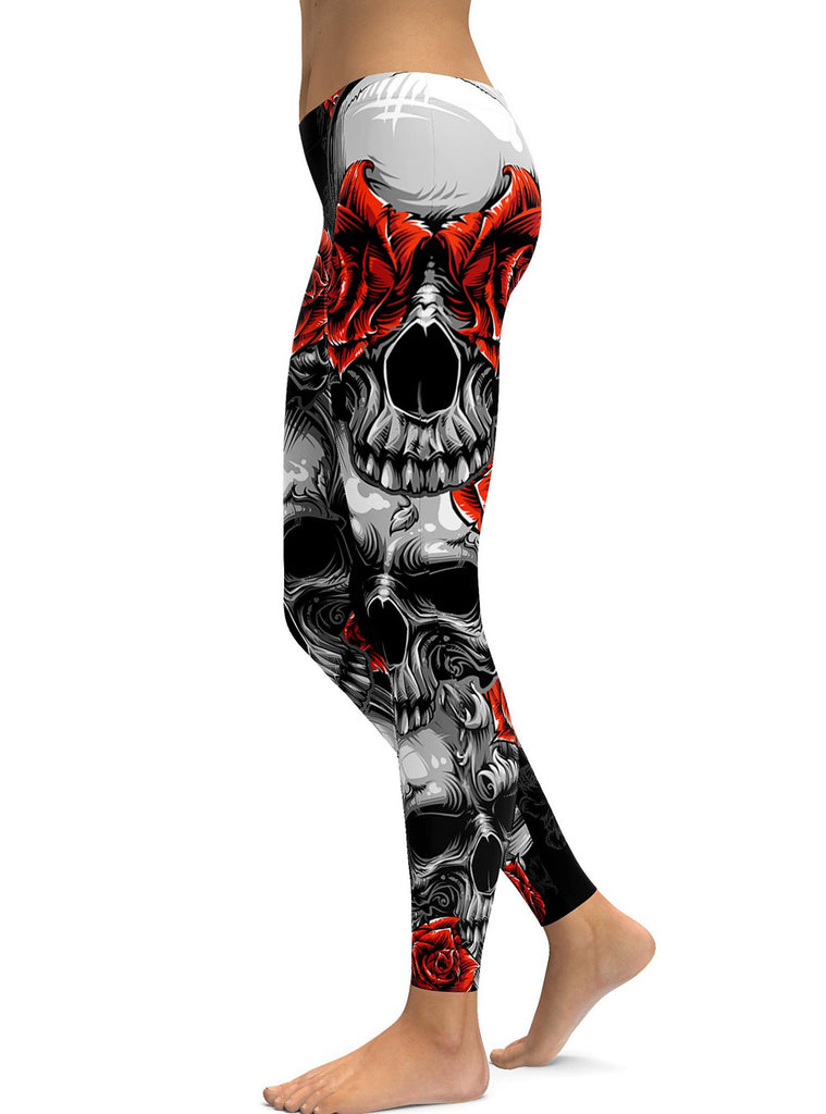Red Rose Printed Halloween Skeleton Plus Size Sugar Skull Leggings
